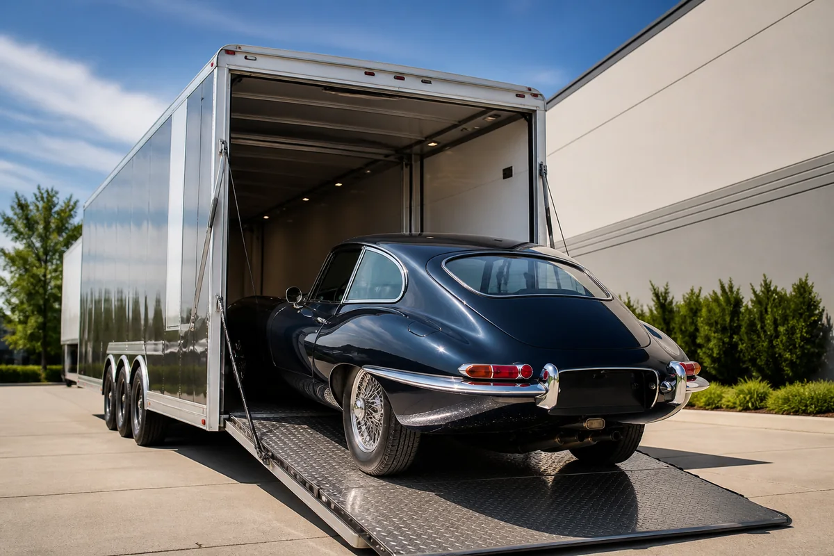 Vehicle being loaded into an enclosed transport trailer