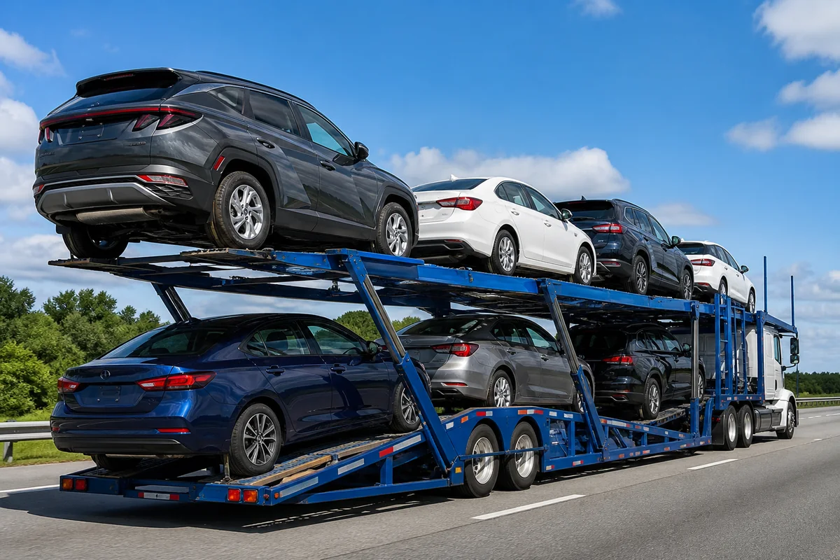 Open auto carrier transporting multiple vehicles