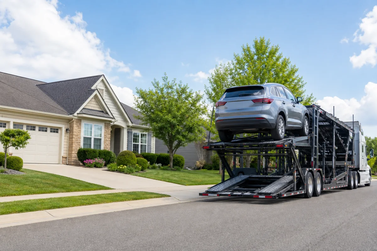 Vehicle transporter arranged for residential vehicle pickup