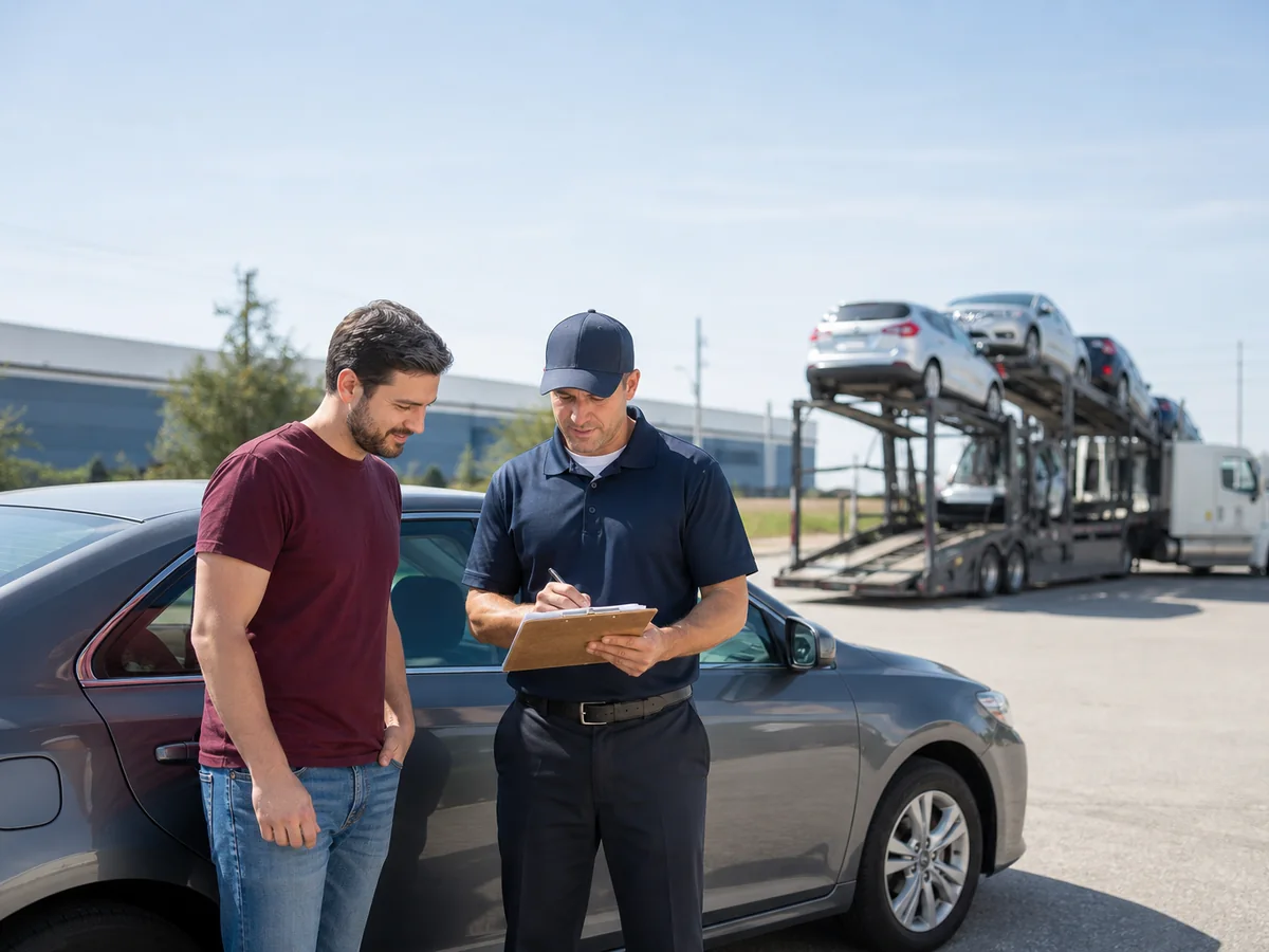 Customer and transport professional documenting a vehicle before pickup