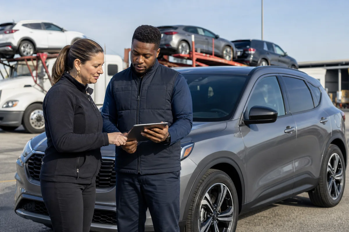 Transport coordinator reviewing vehicle shipment information with a customer
