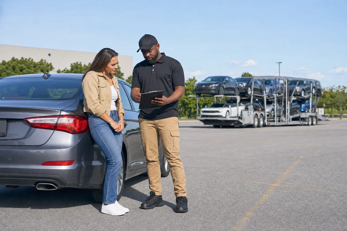 Customer meeting an auto carrier at an accessible vehicle pickup point