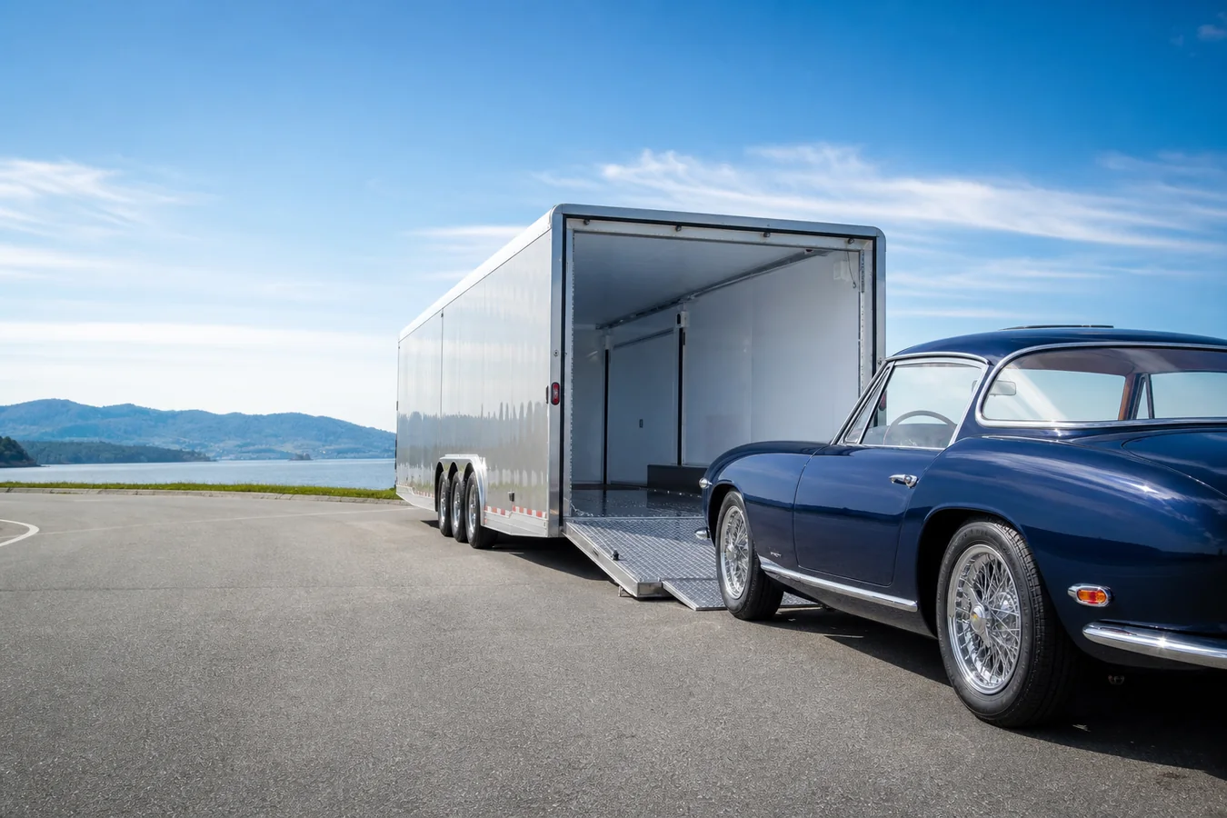 Covered auto-transport trailer prepared to collect a premium passenger vehicle
