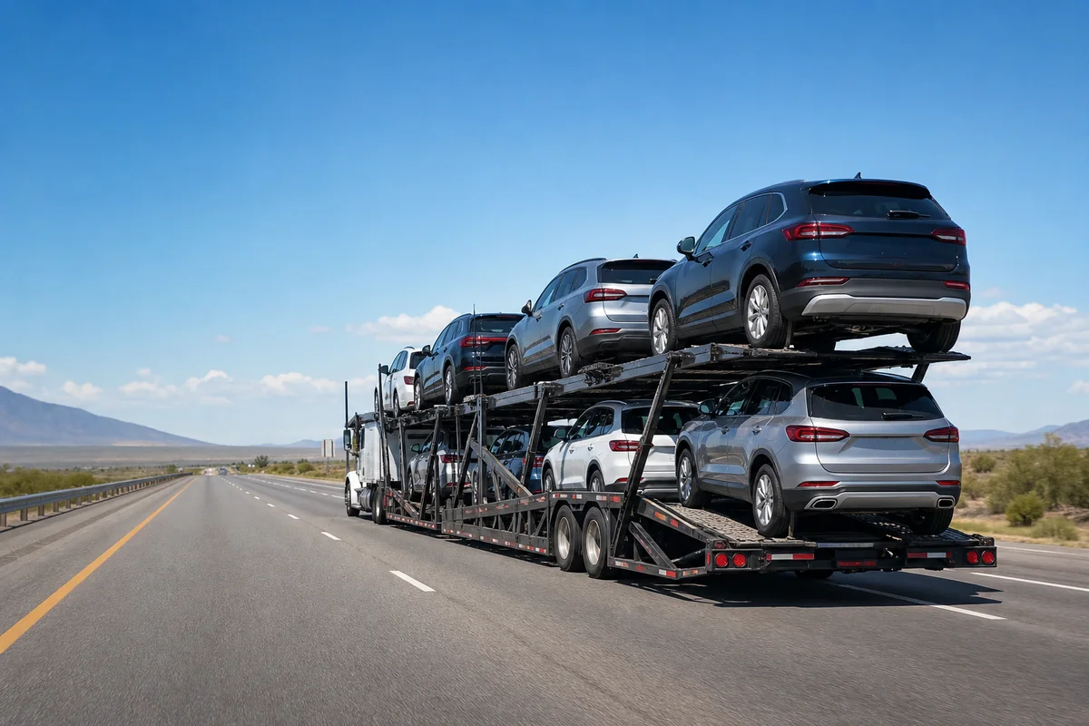 Auto carrier transporting passenger vehicles toward their destination