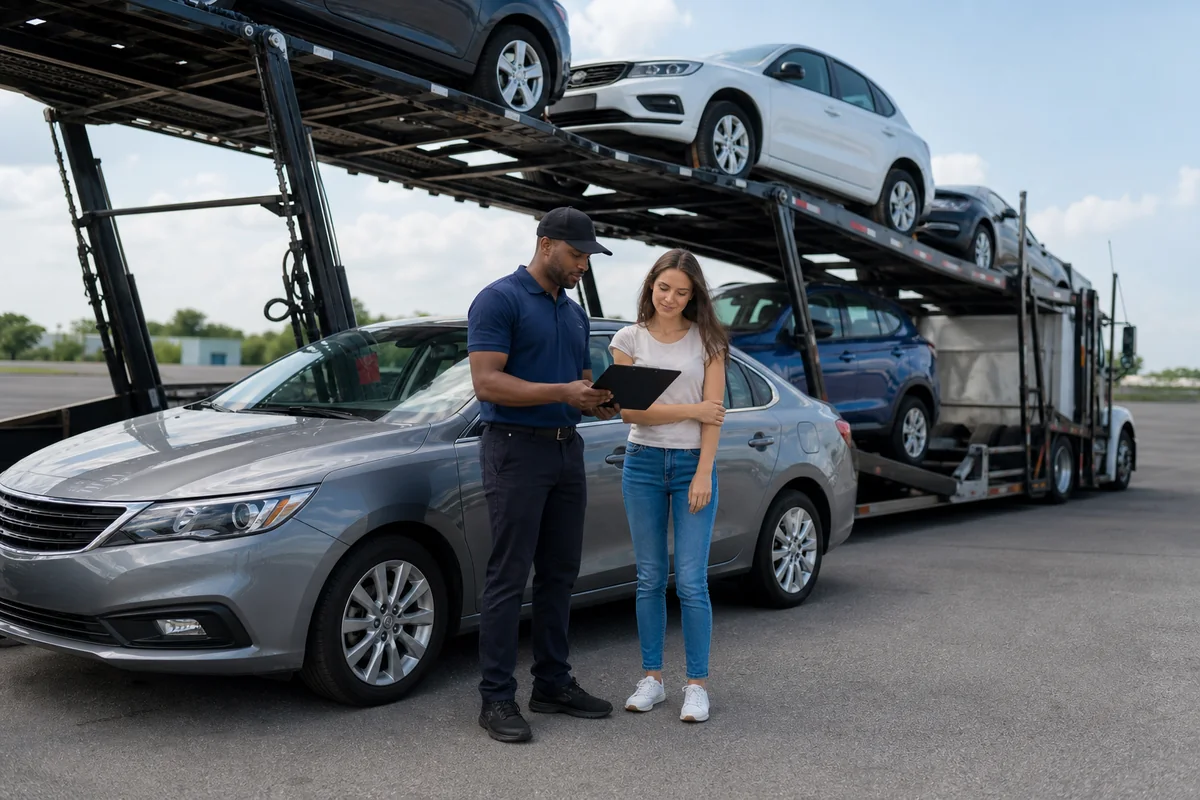 Customer and carrier representative documenting vehicle condition beside an open auto carrier