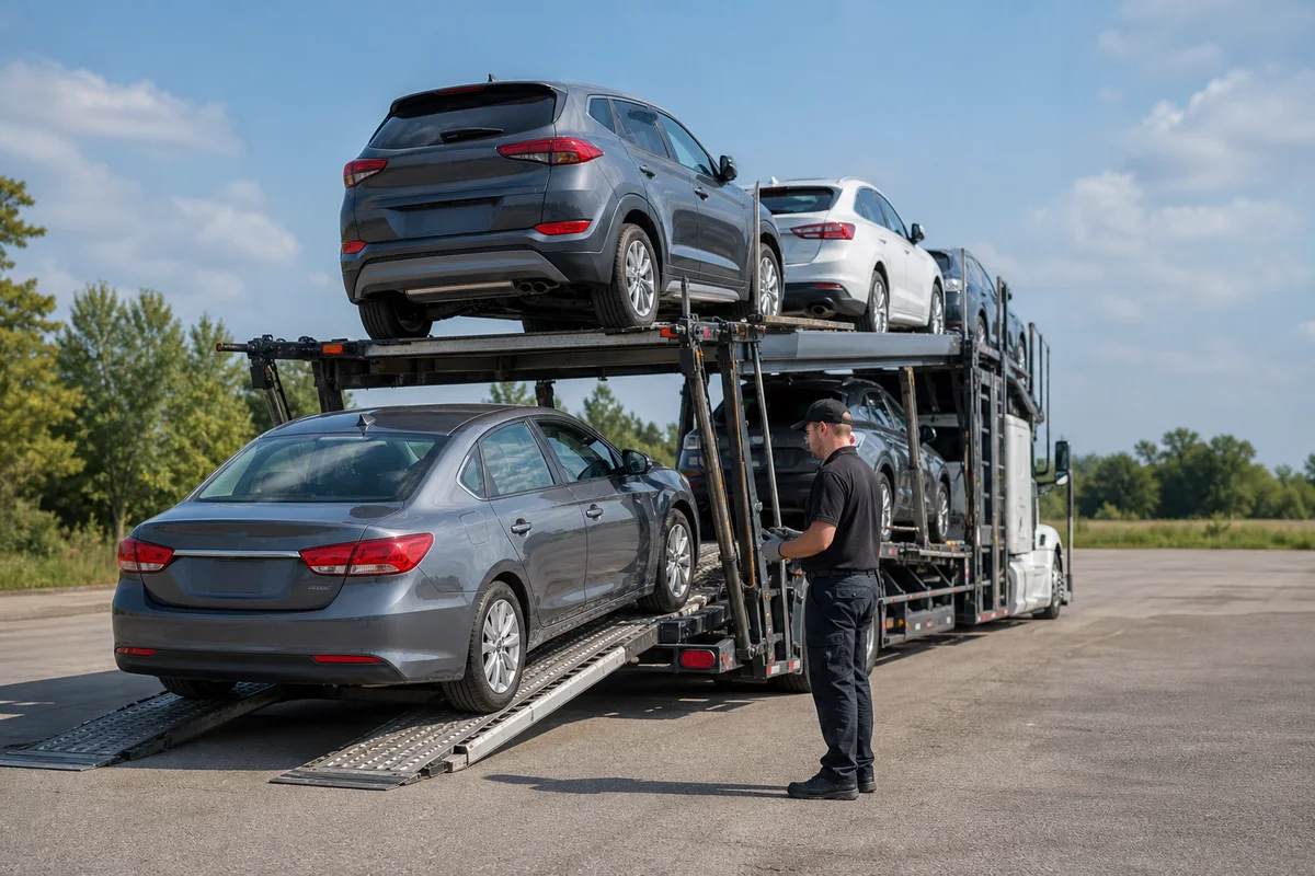 Passenger vehicle being prepared for loading onto an open auto carrier